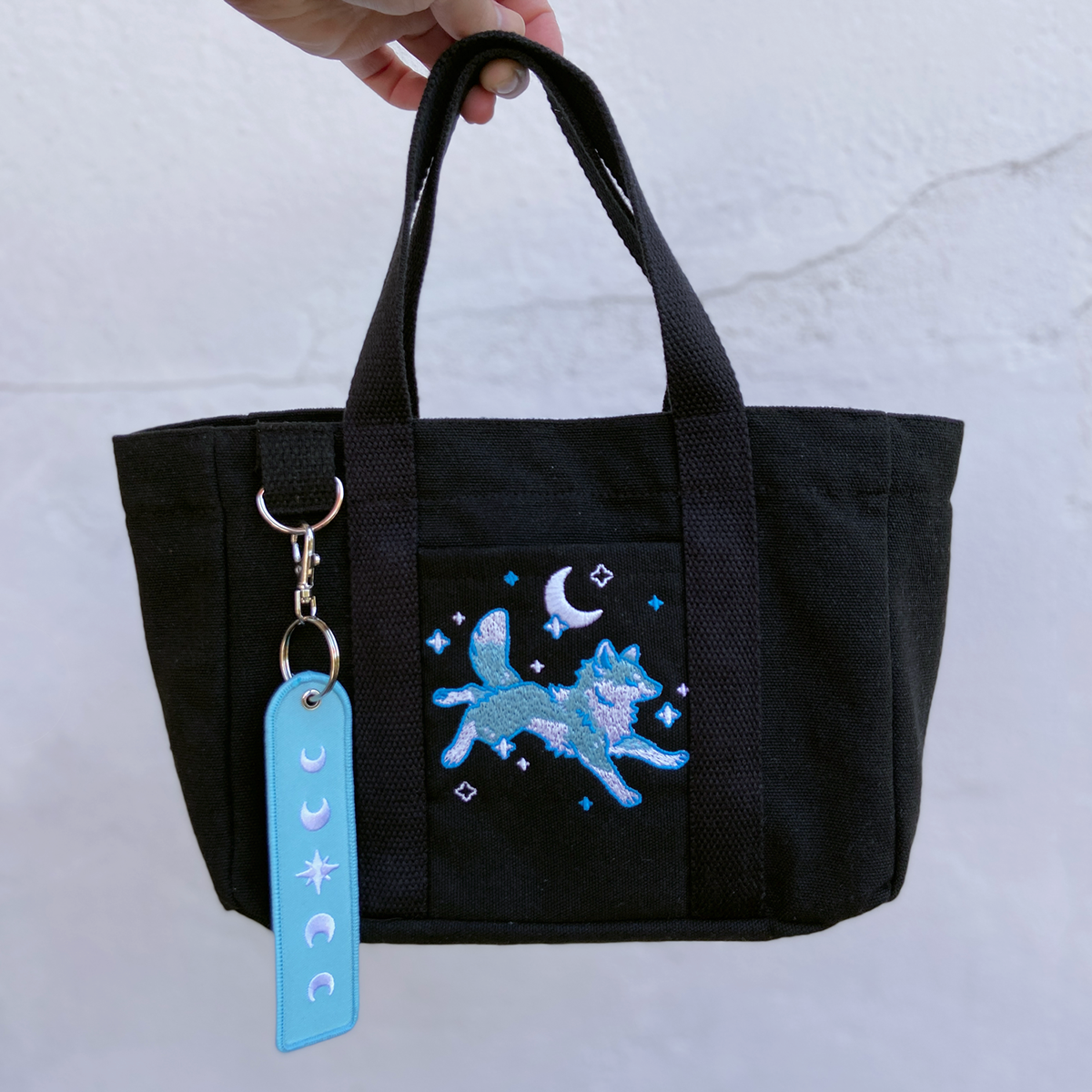 Sleepy Wolf Embroidered Mini Tote + Jet Tag